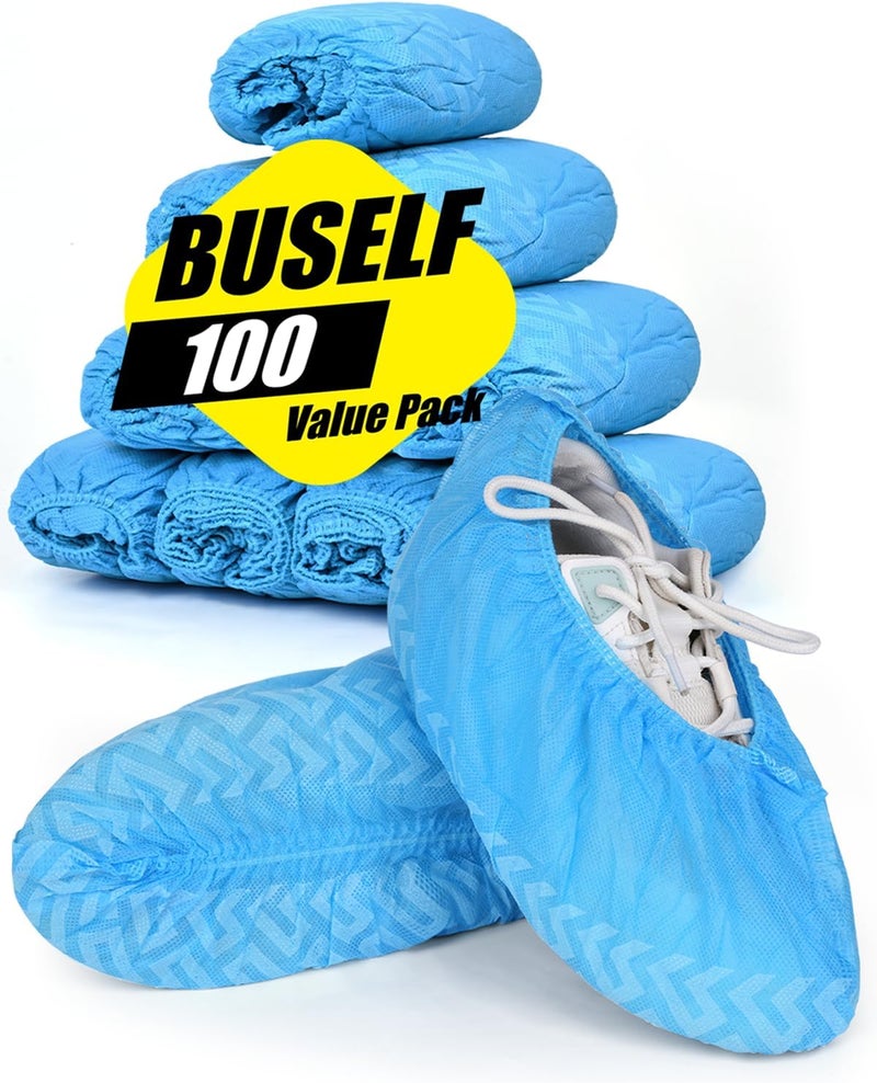 Buself X-Large 100 Count Shoe Covers Disposable Non-Slip, Premium Cloth Boot Covers, Slip-resistant, Durable, Breathable, Non-toxic, Recyclable, Stretchable Fits Up to Size 13 US Men - Blue - Image 1